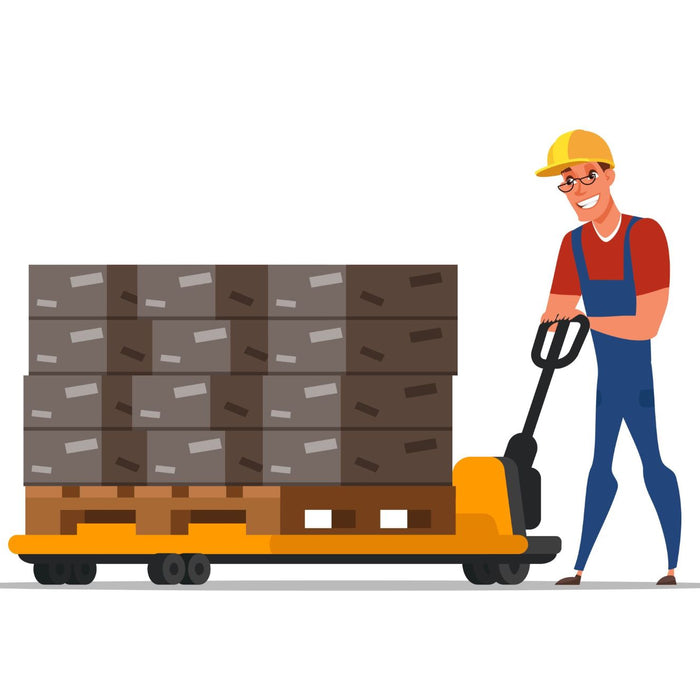 Inaithiram Hydraulic Hand Pallet Truck used to move pallets by a warehouse worker
