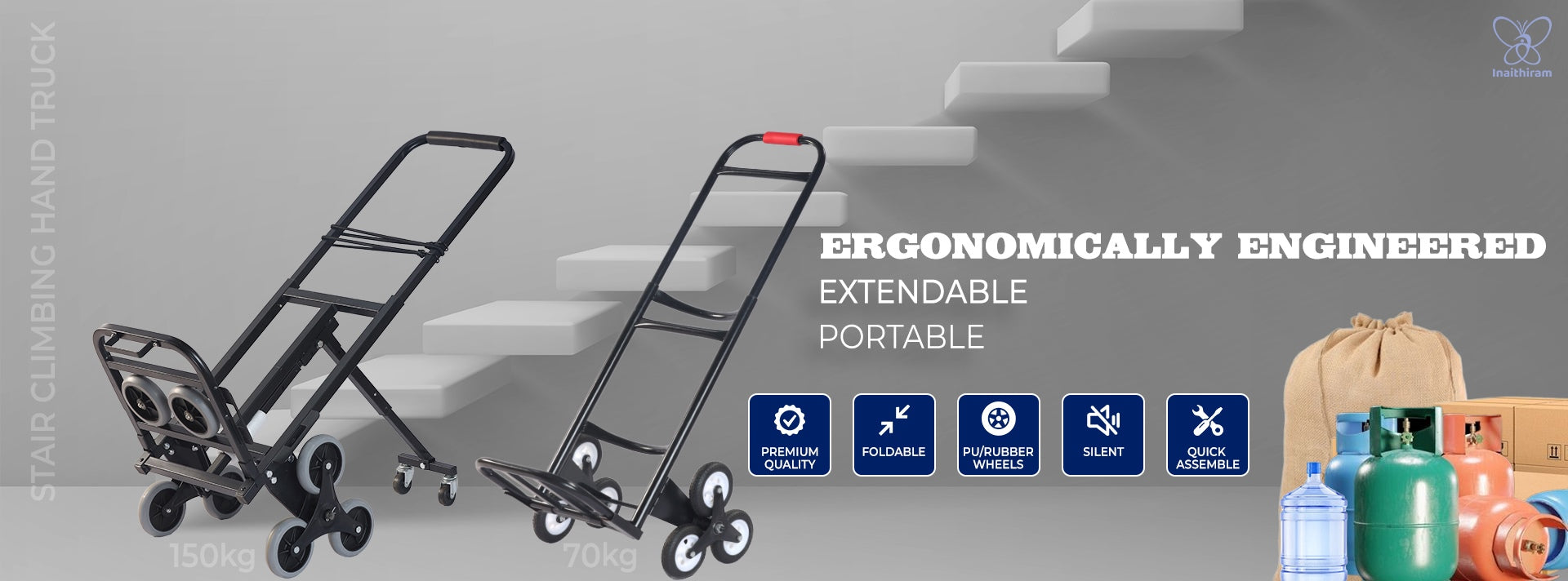 Inaithiram Stair Climbing Hand Truck 150kg Capacity Stairclimbing Trolley 70kg Capacity