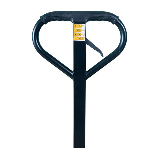Inaithiram HPT3NB Hydraulic Hand Pallet Truck 3Ton Capacity with Closeup view of Handle covered with durable cover and release lever