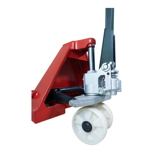 Inaithiram HPT3NB Hydraulic Hand Pallet Truck 3Ton Closeup of Hydraulic Pump and Nylon Wheels
