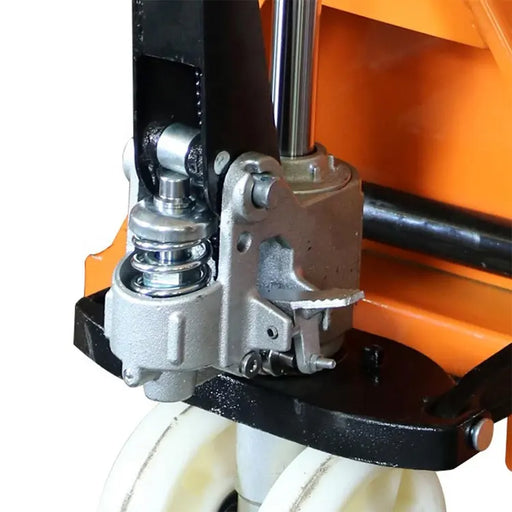 Inaithiram HPT3N Hydraulic Hand Pallet Truck 2.5Ton Closeup of Hydraulic Pump and Nylon Wheels