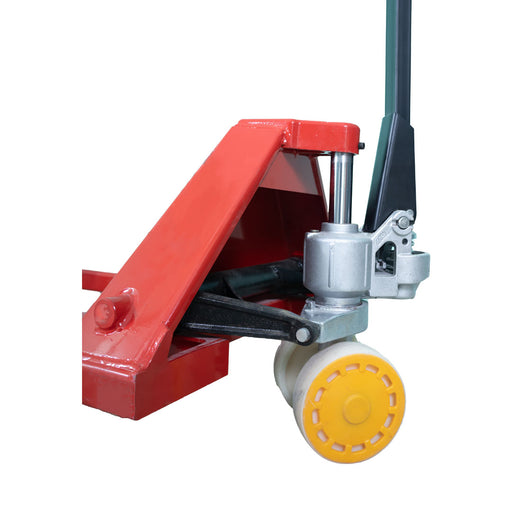 Inaithiram HPT5NB Hydraulic Hand Pallet Truck 5Ton Closeup of Hydraulic Pump and Nylon Wheels