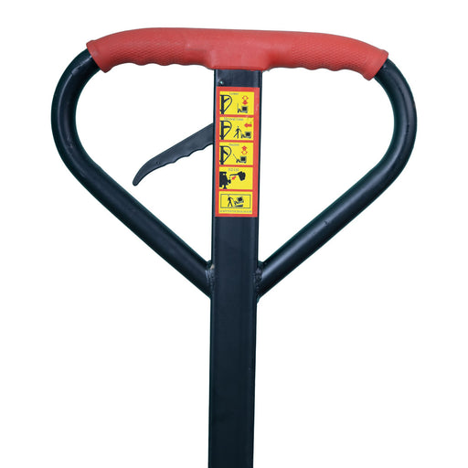 Inaithiram HPT5NB Hydraulic Hand Pallet Truck 5Ton Capacity with Closeup view of handle covered with durable cover and release lever