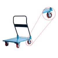Inaithiram PT300PU Foldable Metal Platform Trolley 300kg Capacity Closeup of PU Wheels With Brakes