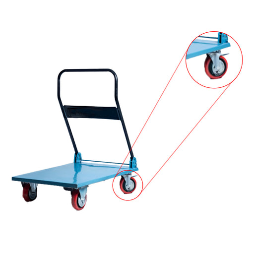 Inaithiram PT300PU Foldable Metal Platform Trolley 300kg Capacity Closeup of PU Wheels With Brakes