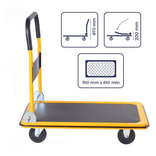 Inaithiram PT300 Foldable Metal Platform Trolley 300kg Capacity made of Durable Steel, with 360 Degree Swivel Wheels, Yellow Colour, (91x61x87cm), Portable Foldable Easily Storable
