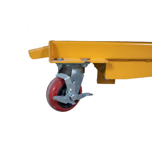Inaithiram SLT500PU15LH Hydraulic Scissor Lift Table Closeup PU Wheels with Brakes