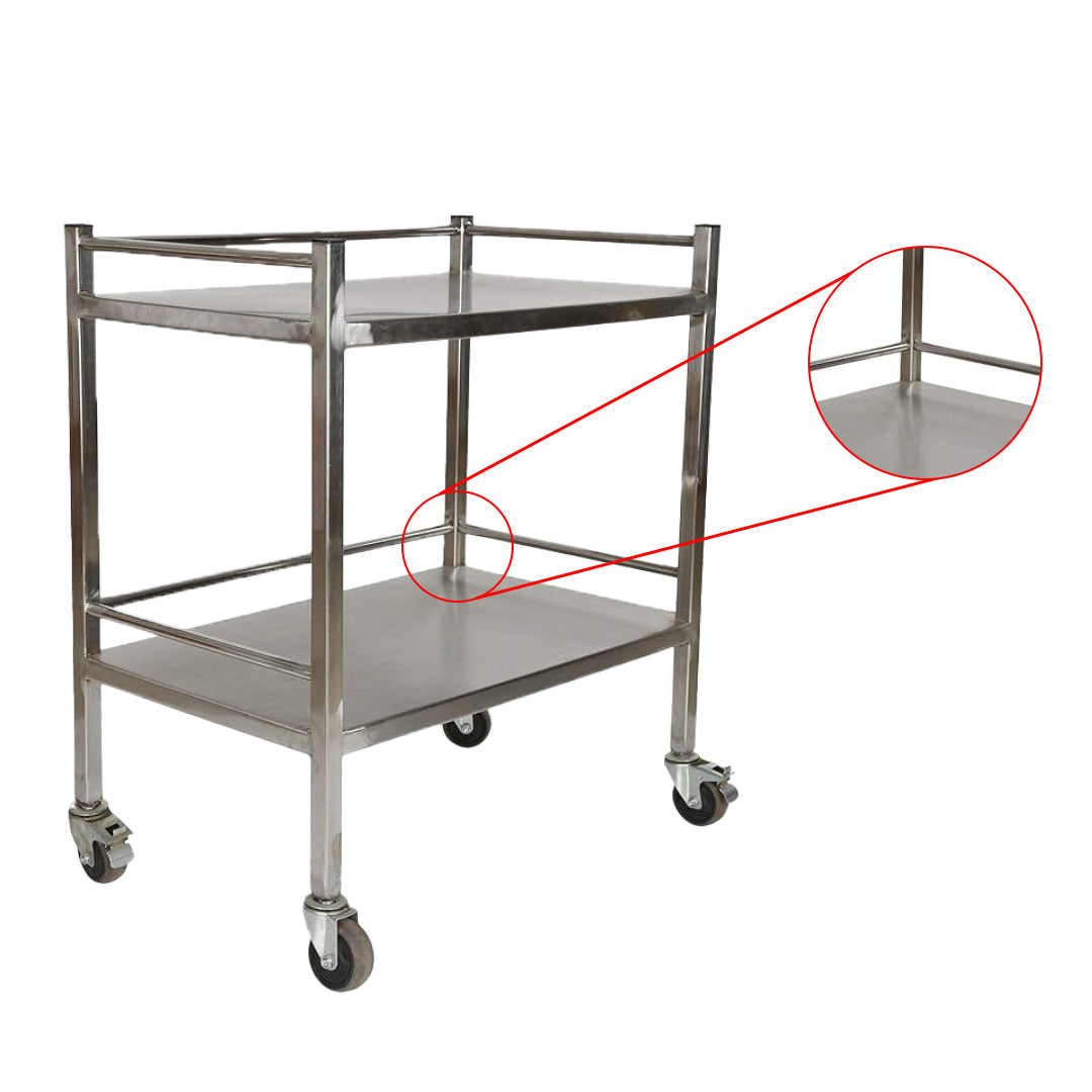 Inaithiram SSIT2RPU Stainless Steel 2 Shelves Instrument Trolley Closeup of Safety Railing