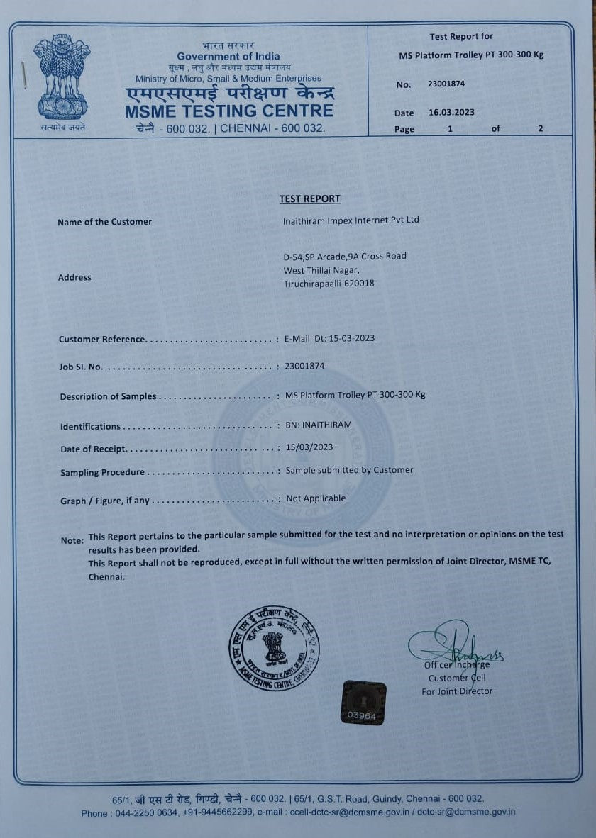 Inaithiram PT300 Heavy Duty MS Platform Trolley 300kg Capacity Test Certificate