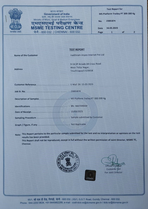 Inaithiram PT300 Heavy Duty MS Platform Trolley 300kg Capacity Test Certificate