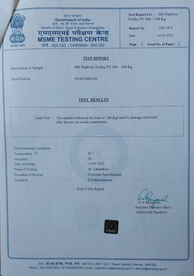 Inaithiram PT300 Heavy Duty MS Platform Trolley 300kg Capacity Test Certificate 01