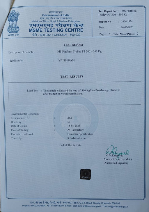 Inaithiram PT300 Heavy Duty MS Platform Trolley 300kg Capacity Test Certificate 01