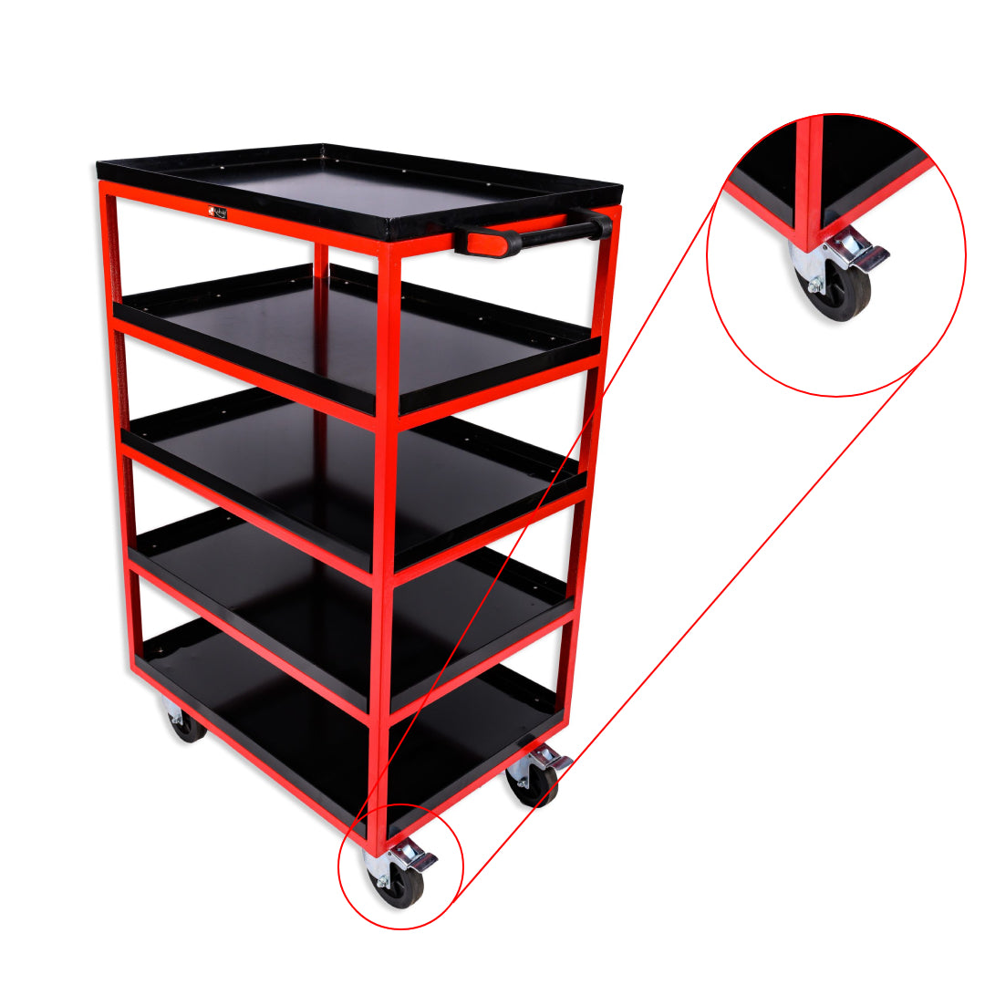 Kabage 5TTT150R 5 Trays Table Trolley 150kg Capacity Red Colour Closeup of Rubber Wheels with Brakes