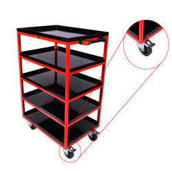 Kabage 5TTT150R 5 Trays Table Trolley 150kg Capacity Red Colour Closeup of Rubber Wheels with Brakes