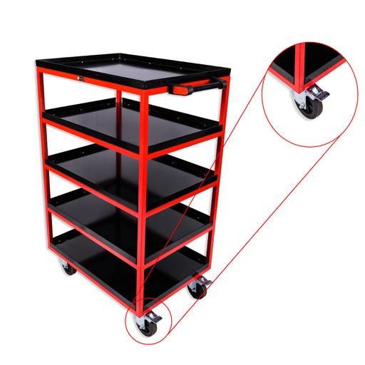Kabage 5TTT150R 5 Trays Table Trolley 150kg Capacity Red Colour Closeup of Rubber Wheels with Brakes