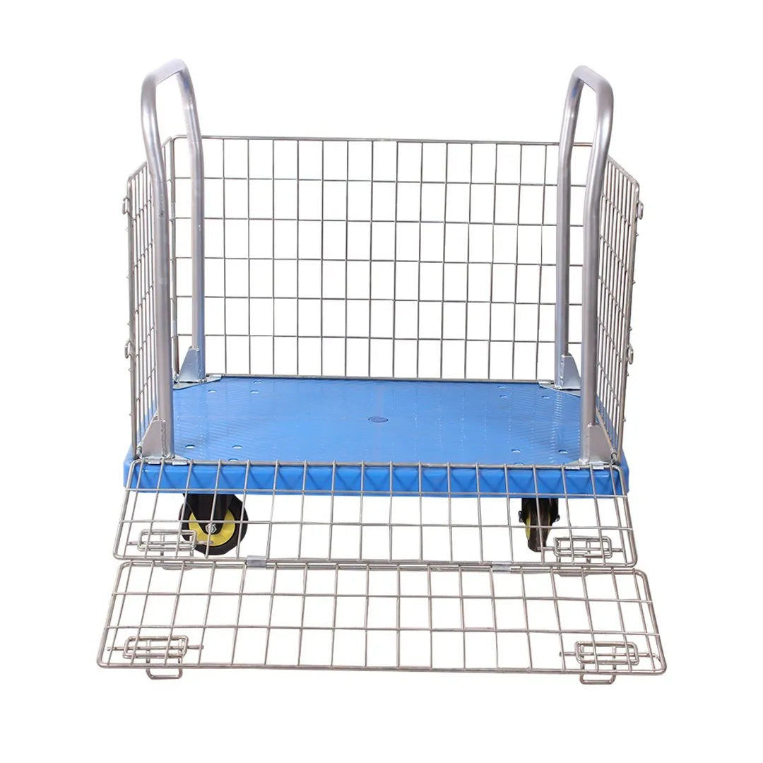 Bigapple PBT300TPR Foldable Plastic Platform Basket Trolley 300kg Capacity with Foldable Side Cage