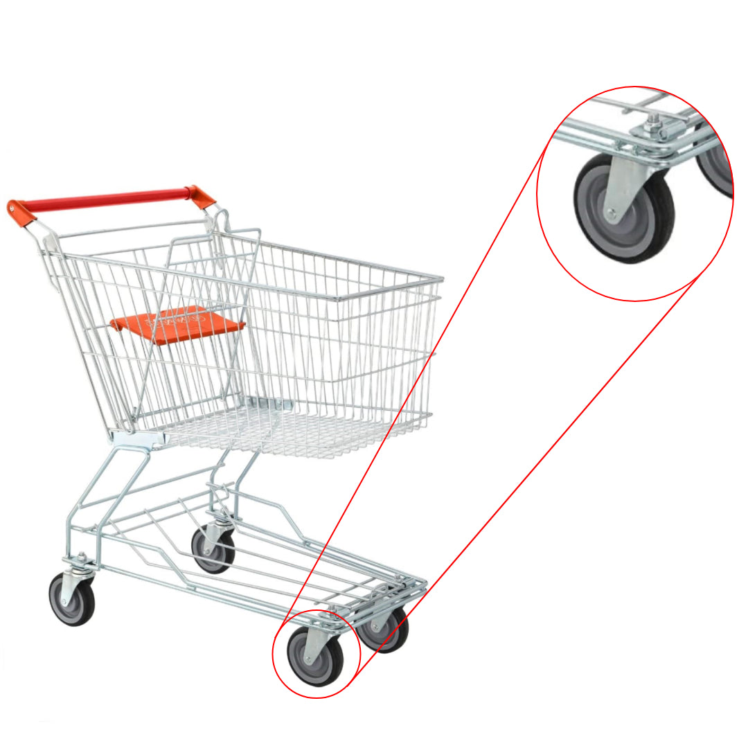 Bigapple STA100LTPR Metal Shopping Trolley Asian Style Cart 100L Capacity Closeup of TPR Wheels