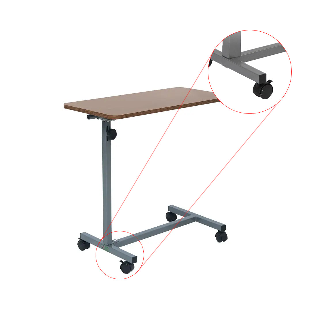 Inaithiram CTPU Adjustable Cardiac Table with Wooden Tray Closeup of PU Wheels with Brakes