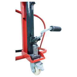 Inaithiram DM350PUN Hydraulic Drum Mover 350kg Closeup of Foot Pump and Nylon Wheels with Brakes