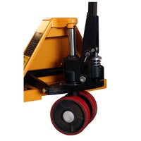 Inaithiram HPT25TPU Hydraulic Hand Pallet Truck 2.5Ton Closeup of Hydraulic Pump and PU Wheels