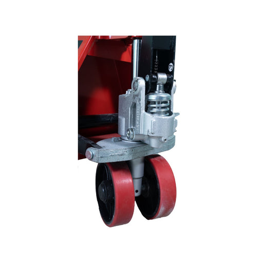Inaithiram HPT3PUB Hydraulic Hand Pallet Truck 3Ton Closeup of Hydraulic Pump and PU Wheels