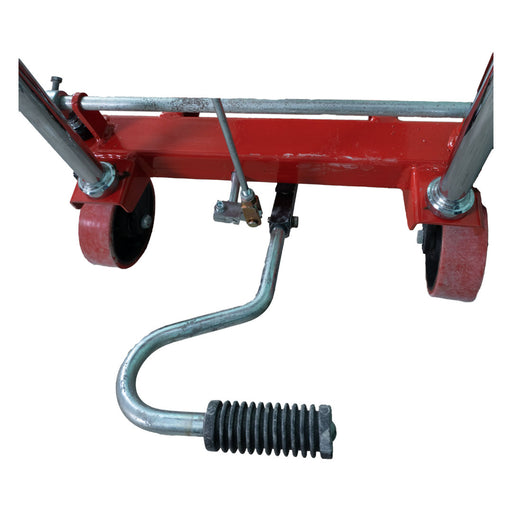 Inaithiram SLT1PU1LH Hydraulic Scissor Lift Table Closeup of Foot Pedal and PU Wheels