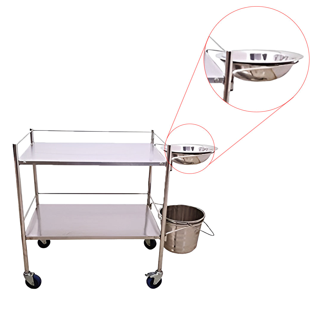 Inaithiram SSDT2RPU Stainless Steel 2 Shelves Dressing Trolley Closeup of Removable Basin 