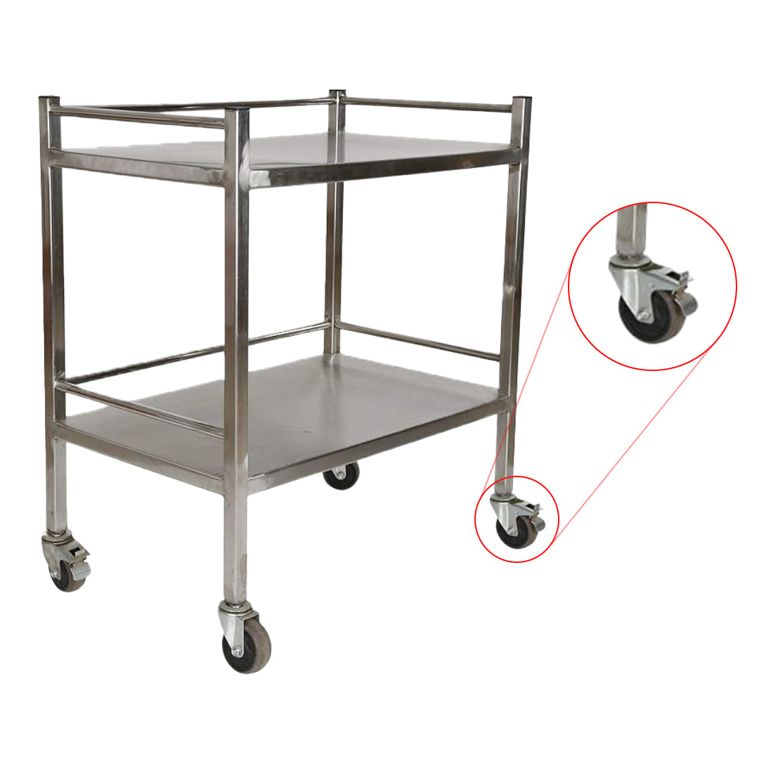 Inaithiram SSIT2RPU Stainless Steel 2 Shelves Instrument Trolley Closeup of PU Wheels with Brakes