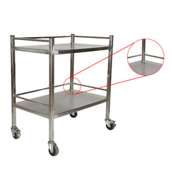 Inaithiram SSIT2RPU Stainless Steel 2 Shelves Instrument Trolley Closeup of Safety Railing