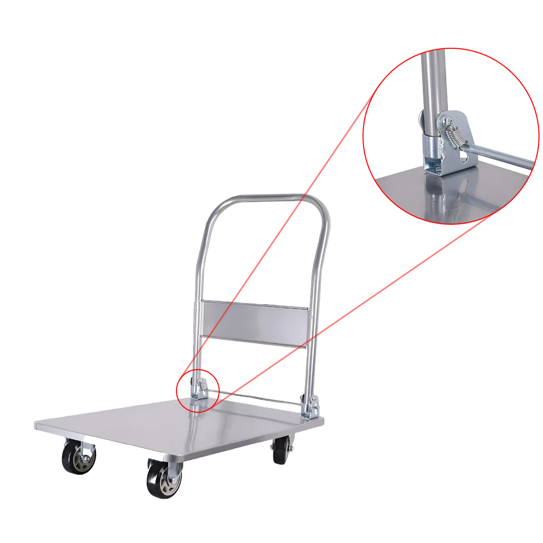 Inaithiram SSPT300PU Foldable Stainless Steel Platform Trolley 300kg Capacity Closeup of Foot Lever Bar