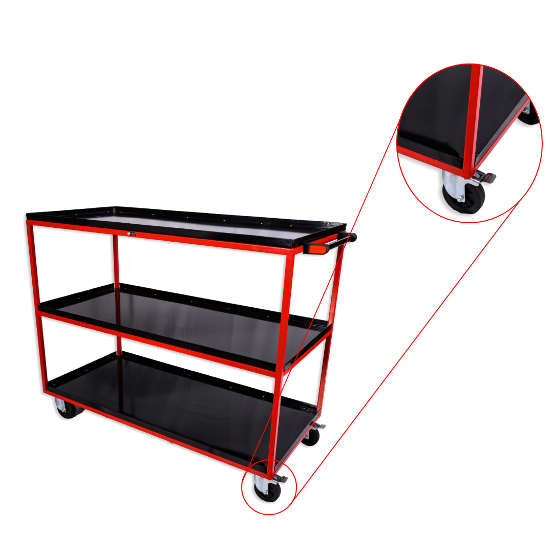 Kabage 3TTT150R 3 Tray Table Trolley 150kg Capacity Red Colour Closeup of Rubber Wheels with Brakes